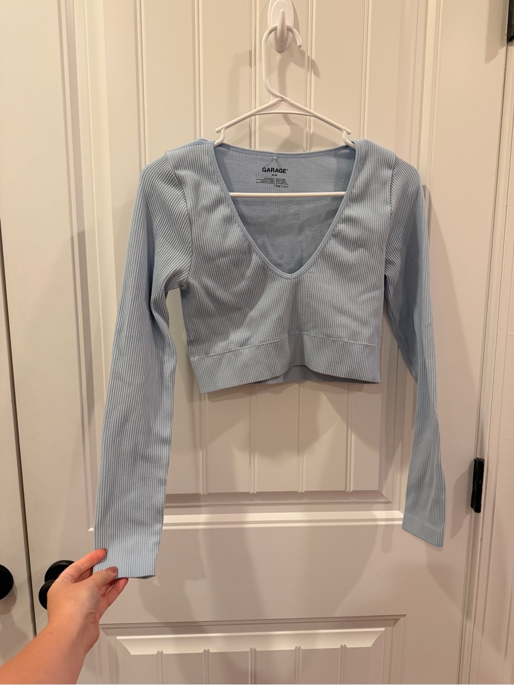 Garage Pale Blue Ribbed V-Neck Long Sleeve Crop Top